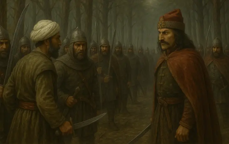 Vlad Tepeş’in ormanlık alanda Osmanlı komutanı Hamza Bey ve birlikleriyle yüz yüze geldiği, gergin atmosferi öne çıkan tarihî sahne.